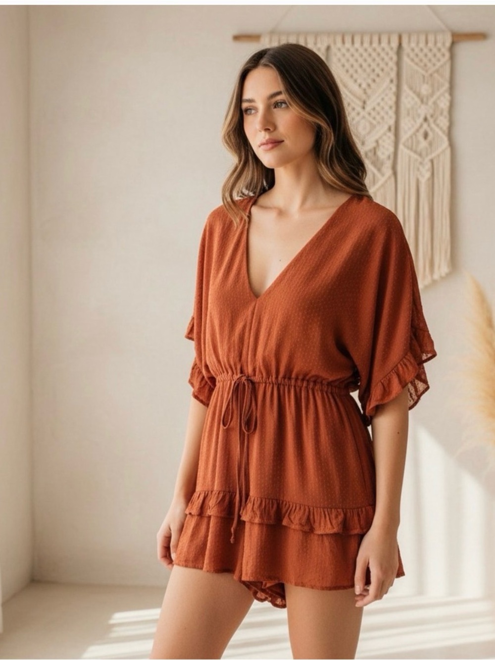 Vestique M Romper Orange Rust Ruffle V Neck Boho Womens Hippie Cottage Rustic